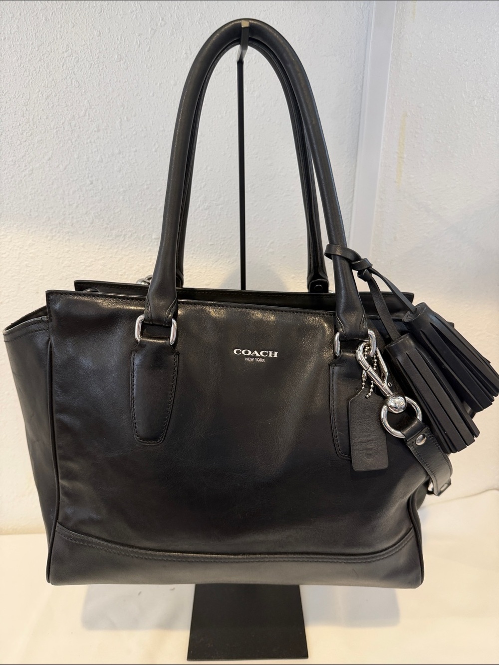 Coach Black Leather Tote with Tassel Charm and Top Handles